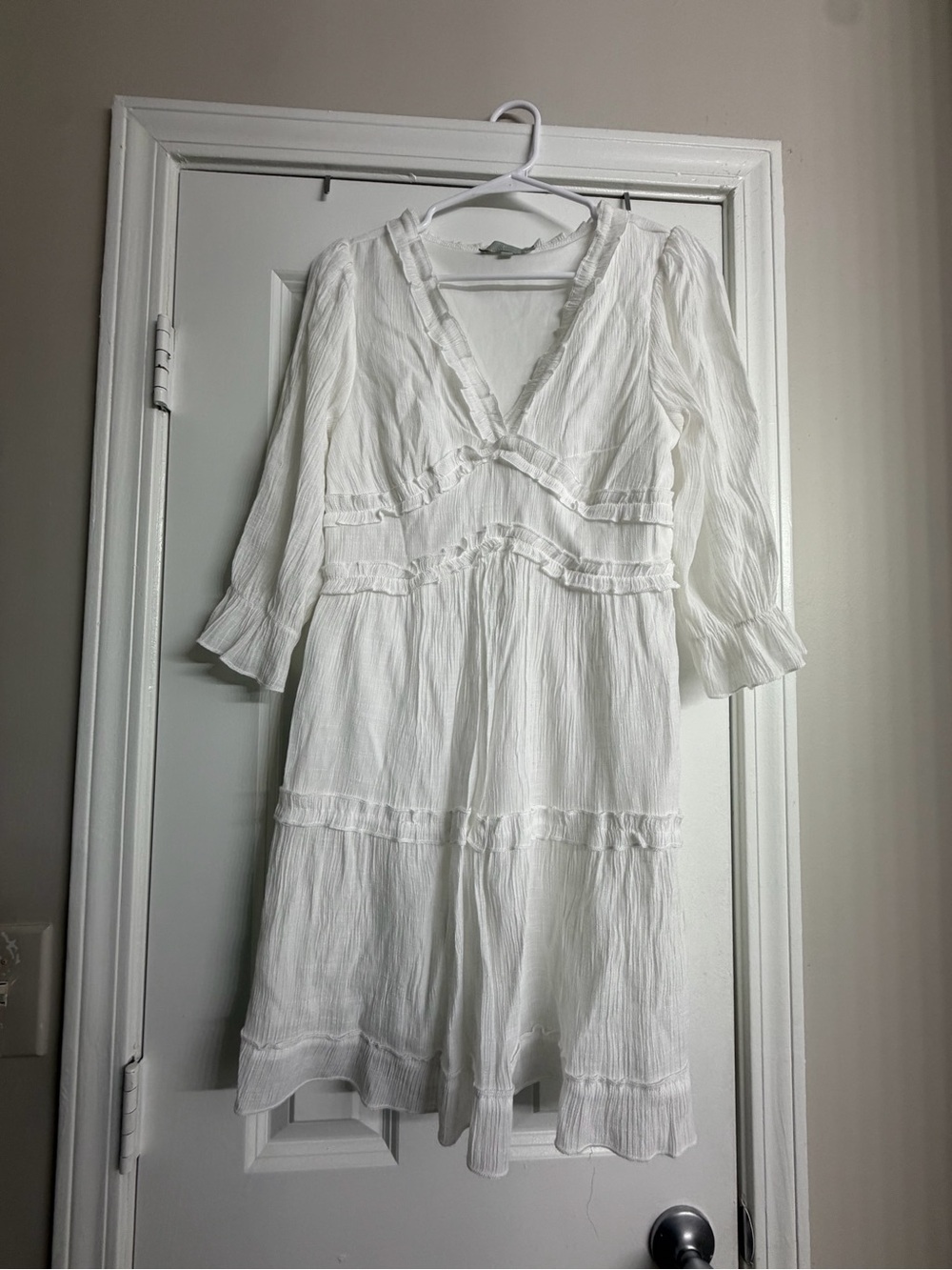 White V-Neck Ruffle Trim Midi Dress